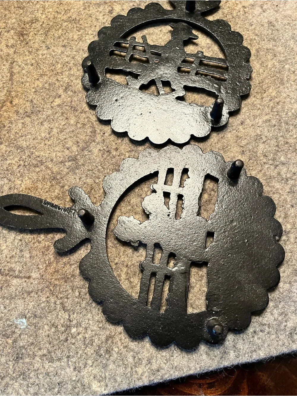 Vintage Style Black Cast Iron Double Trivet with Amish figures Scene